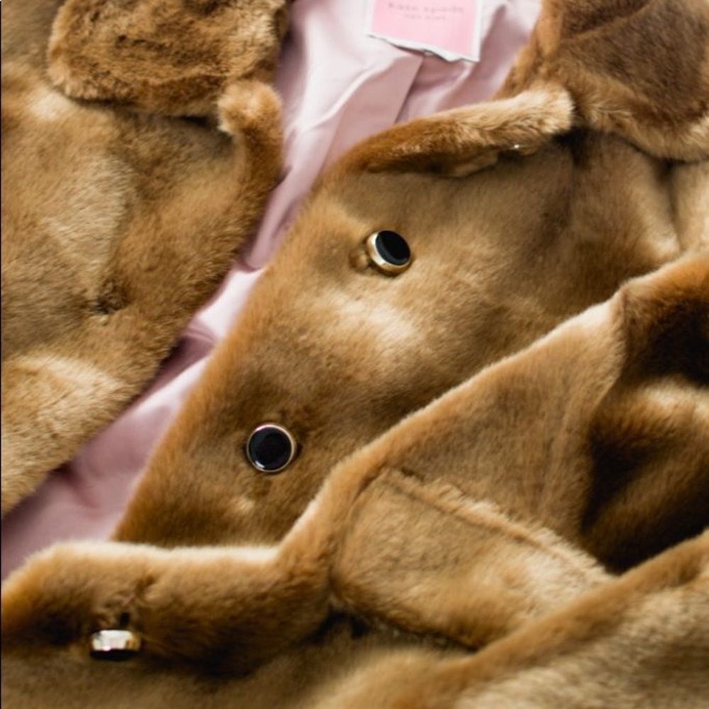 Kate Spade Caramel Brown Faux Mink Fur Coat with Silky Pink Lining SZ L NWT - Picture 10 of 16